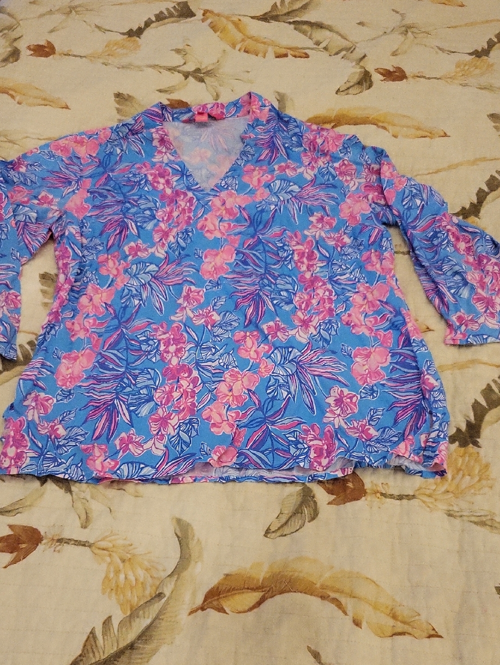 Blue & Pink Floral V-Neck Women's Top